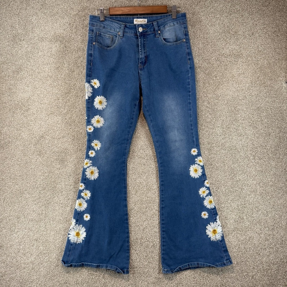 Bamboo Jeans Juniors 11 Medium Wash Blue High Rise Flare Daisy Floral Denim